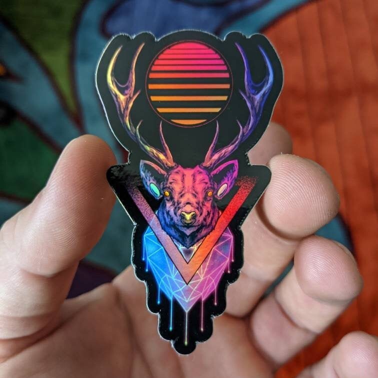 Neon Deer Holographic Vinyl Stickers. 3" x 1.5"