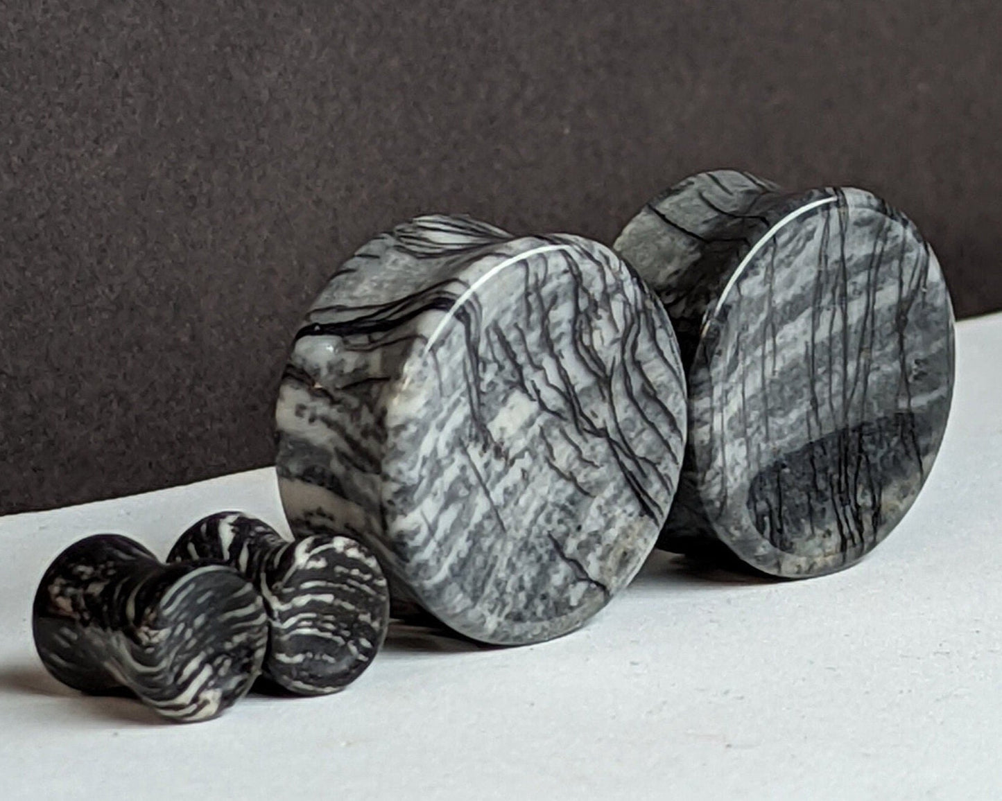 Concave Black Net Jasper Stone Plugs for stretched ears.