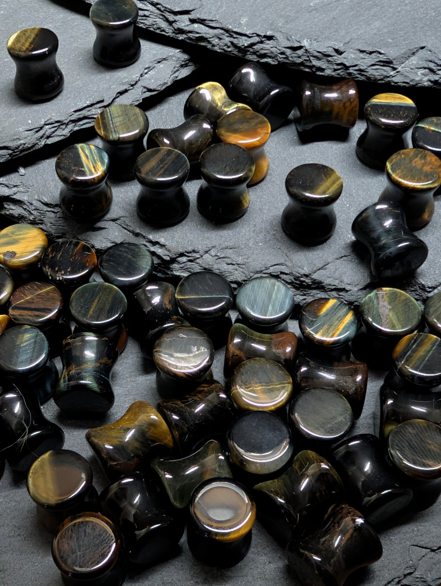 Classic Double Flare Blue Tiger Eye Stone Plugs