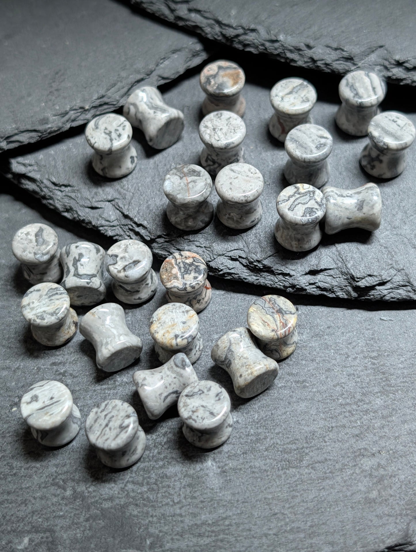 Classic Double Flare Gray Wave Jasper Stone Plugs