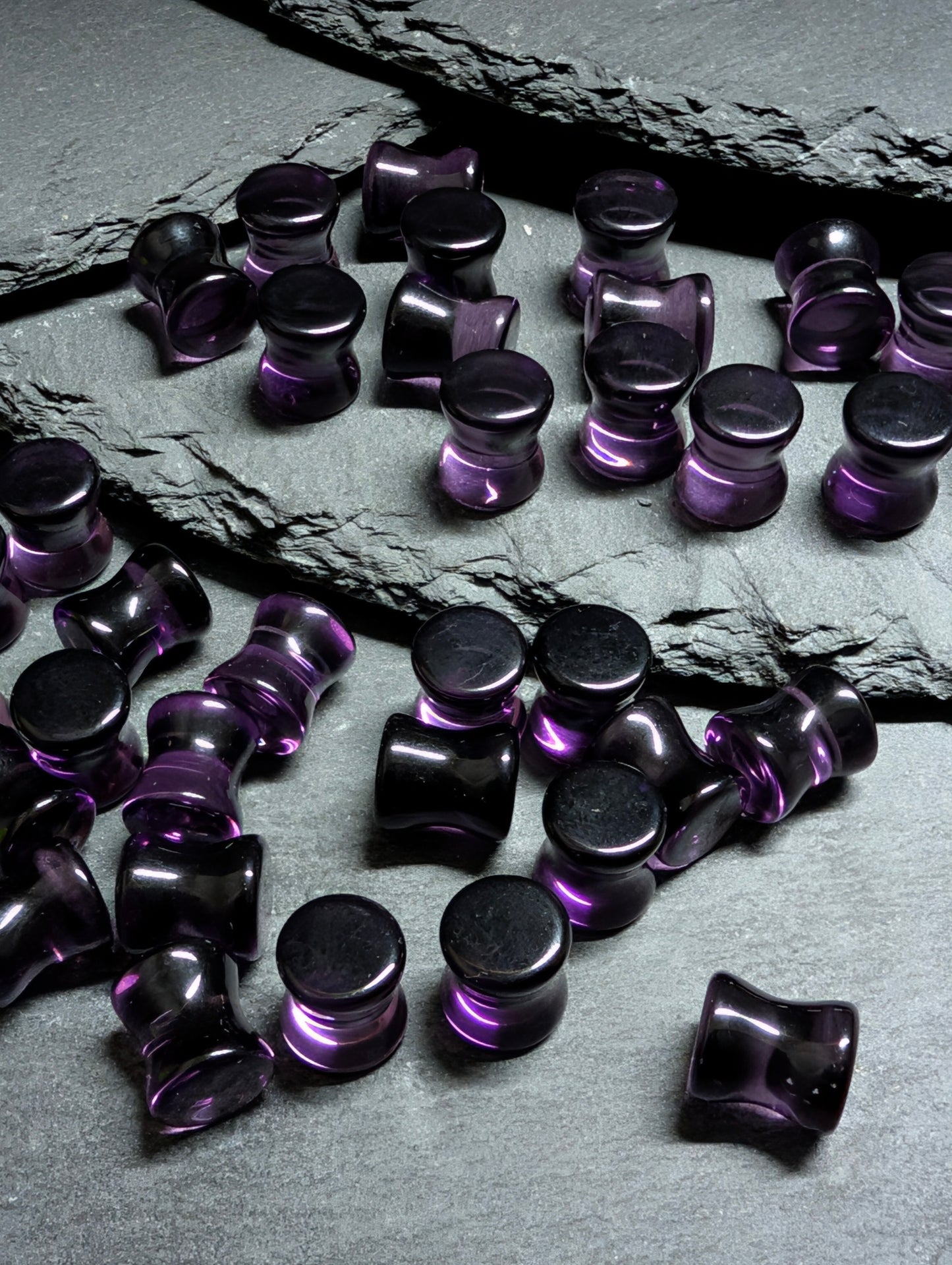 Classic Double Flare Dark Purple Black Glass Plugs