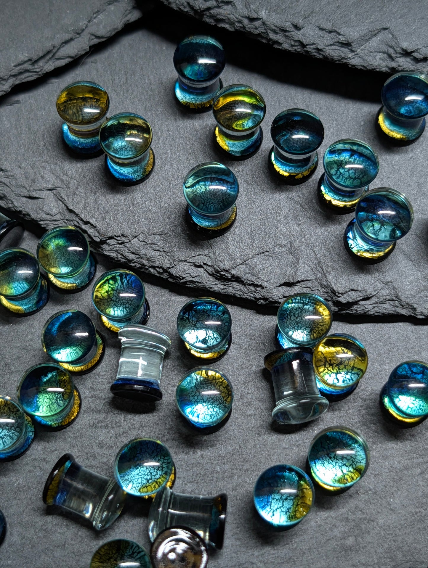 Classic Double Flare Blue and Gold Art Glass Plugs
