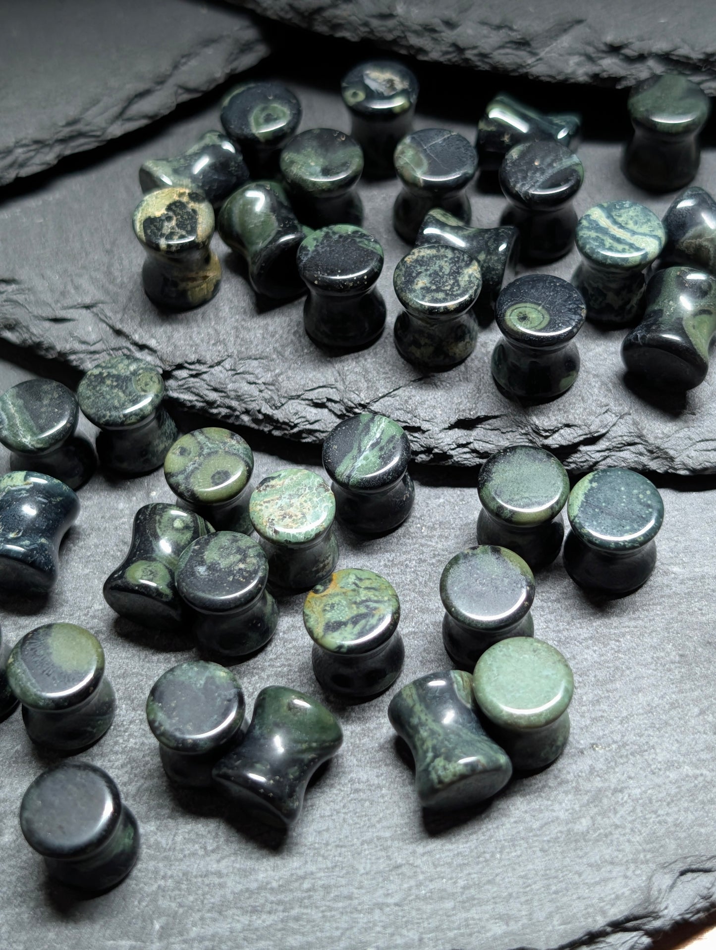 Classic Double Flare Green Eye Jasper Stone Plugs