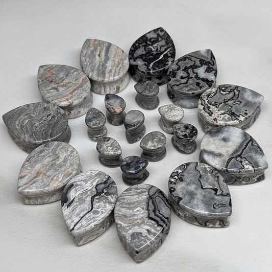 Teardrop Gray Wave Jasper Stone Plugs
