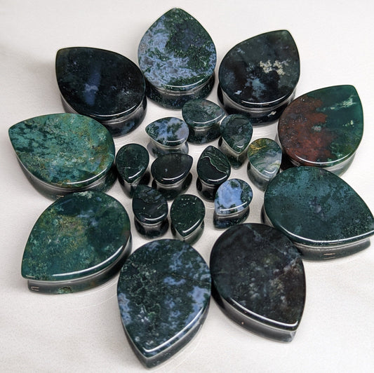 Teardrop Green Moss Agate Stone Plugs