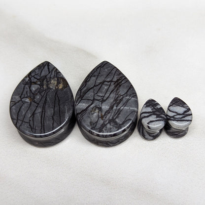 Teardrop Black Net Jasper Stone Plugs