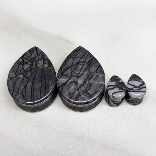 Teardrop Black Net Jasper Stone Plugs