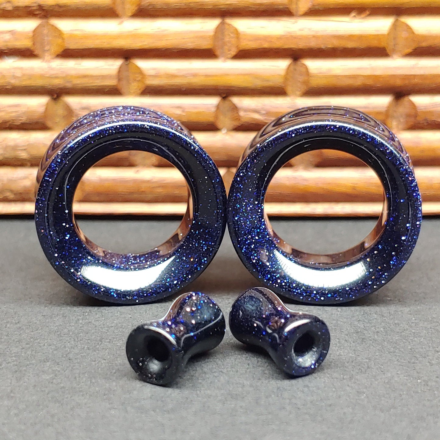 Blue Goldstone Glass Tunnels for stretched ears. 