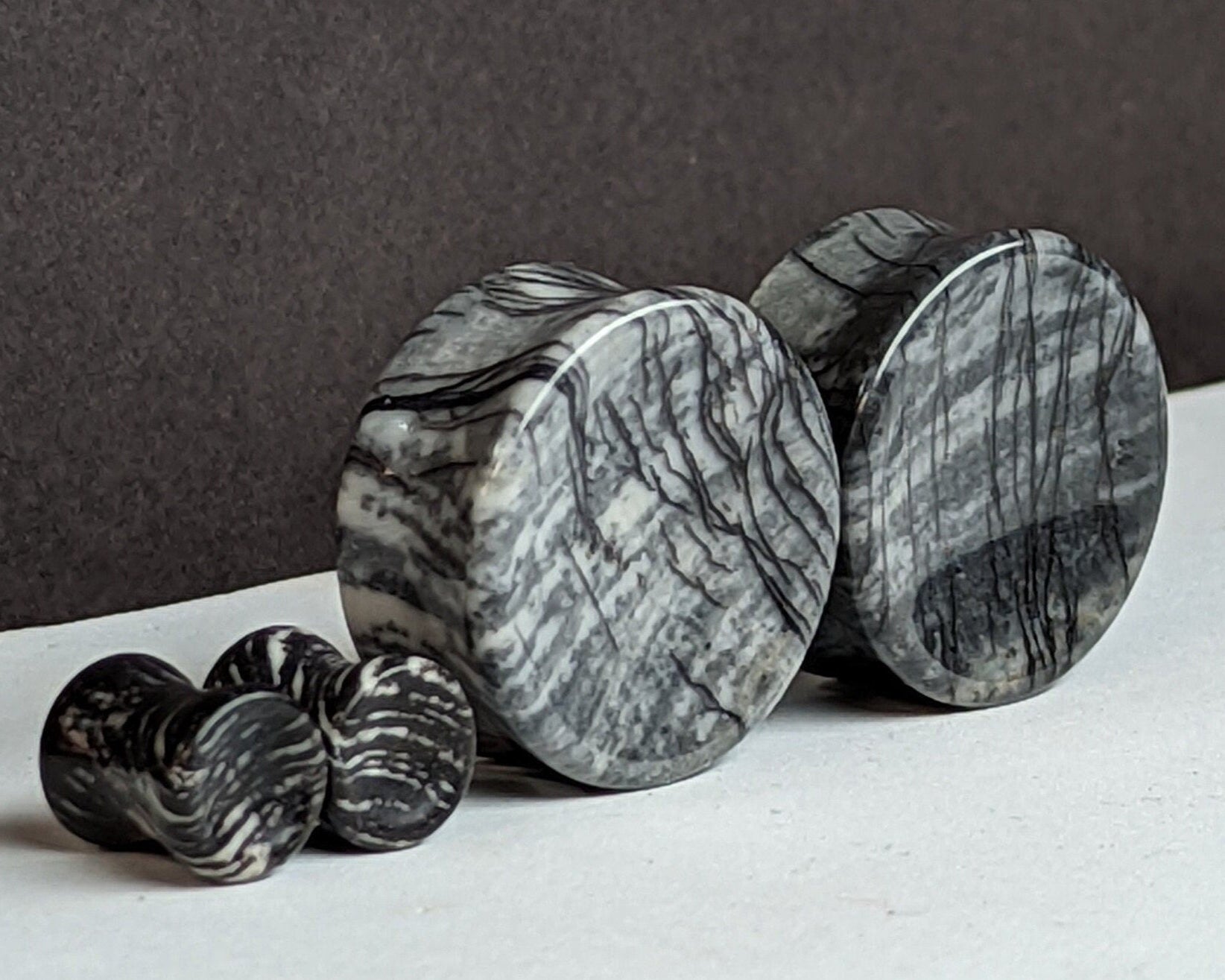 Concave Black Net Jasper Stone Plugs for stretched ears.