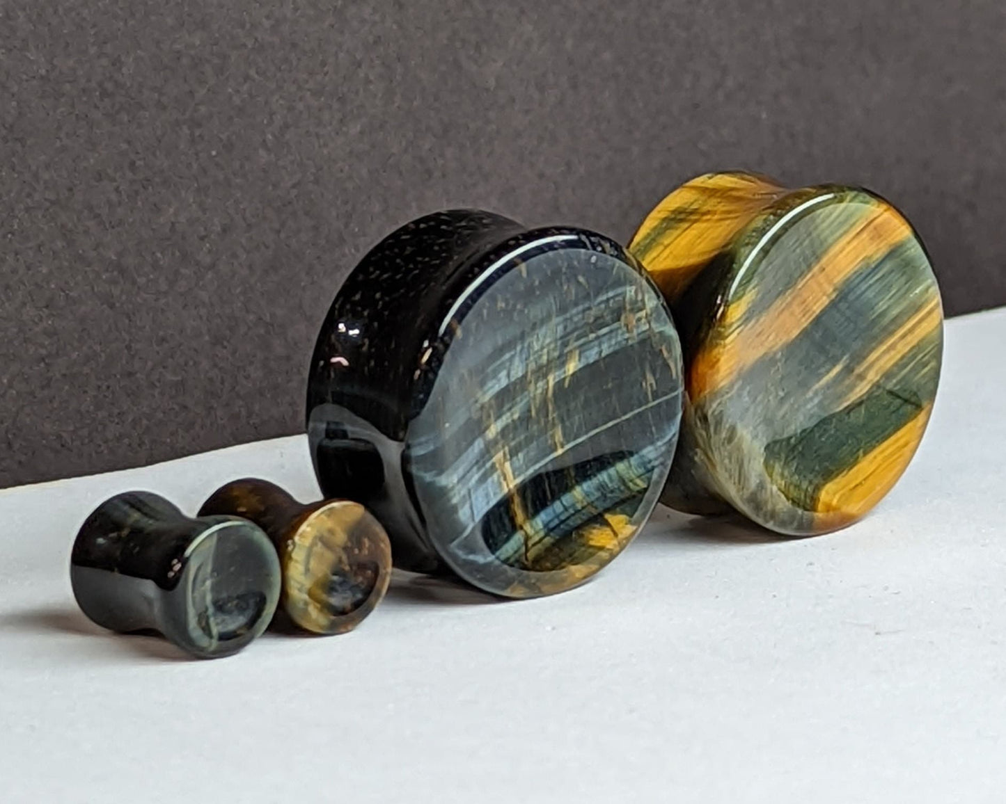 Concave Blue Tiger Eye Stone Plugs for stretched ears. 
