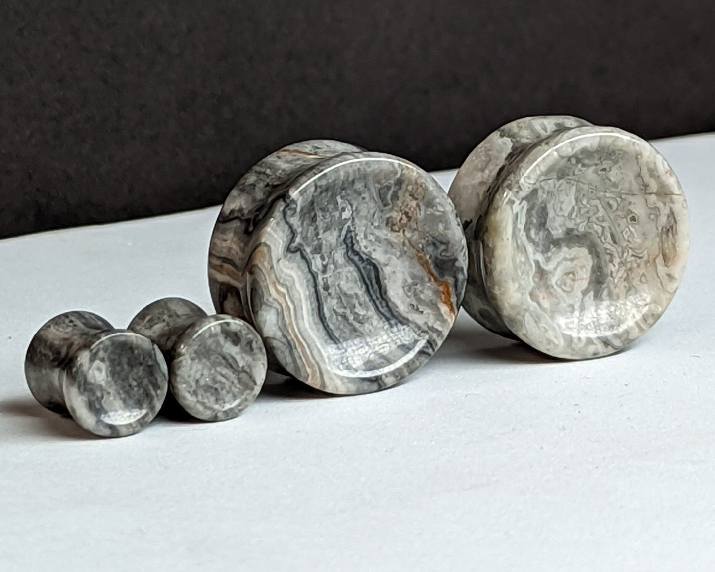 Concave Gray Wave Jasper Stone Plugs for stretched ears. 