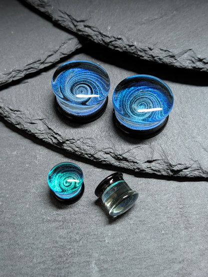 Classic Double Flare Blue Galaxy Swirl Art Glass Plugs