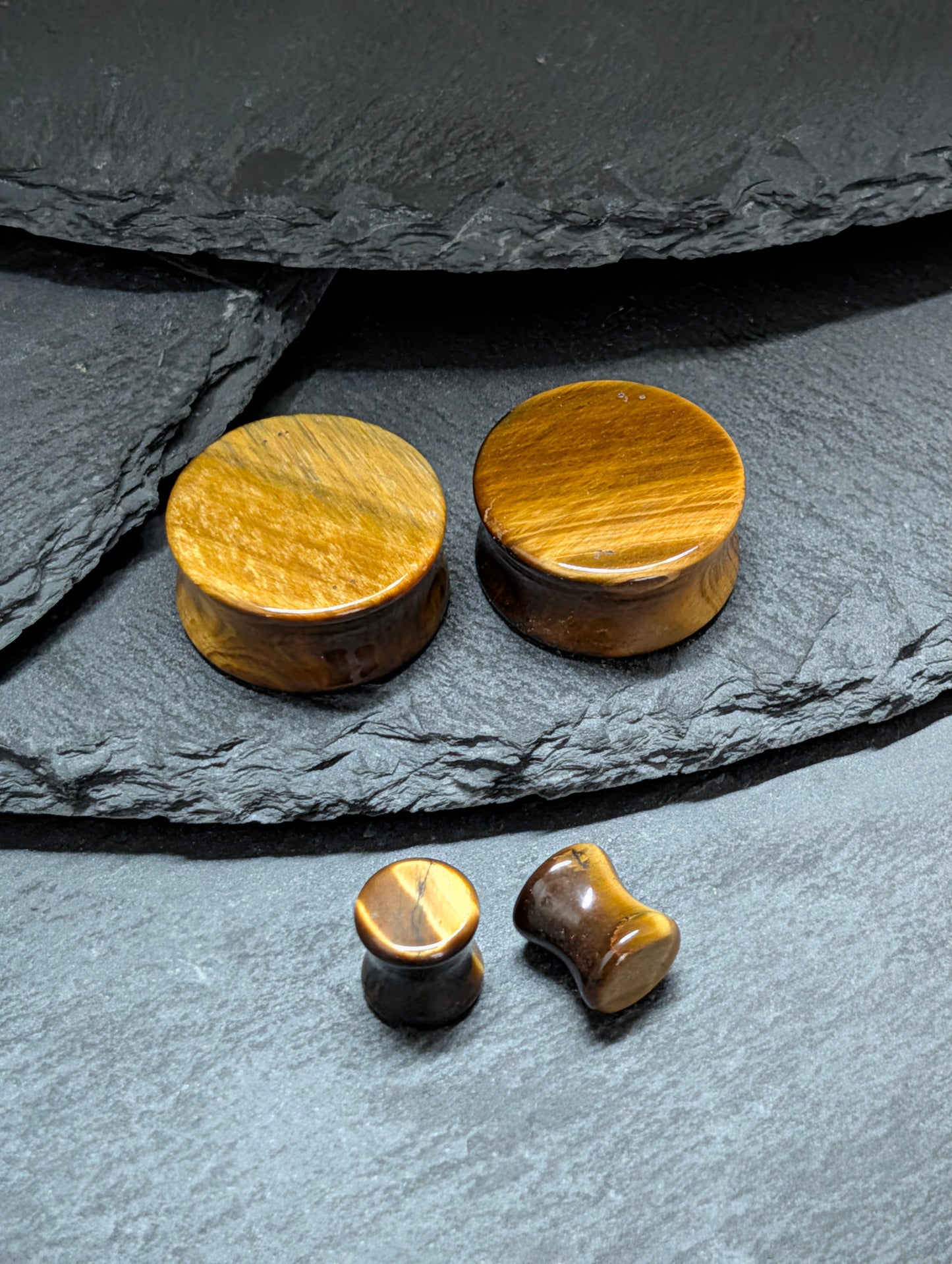 Classic Double Flare Yellow Gold Tiger Eye Stone Plugs