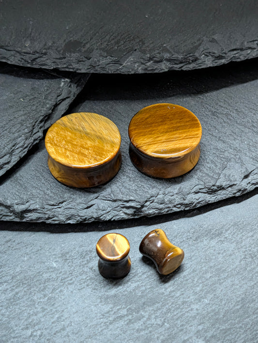 Classic Double Flare Yellow Gold Tiger Eye Stone Plugs
