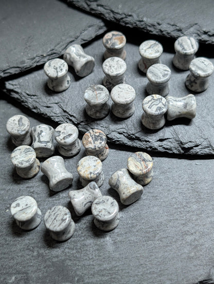 Classic Double Flare Gray Wave Jasper Stone Plugs