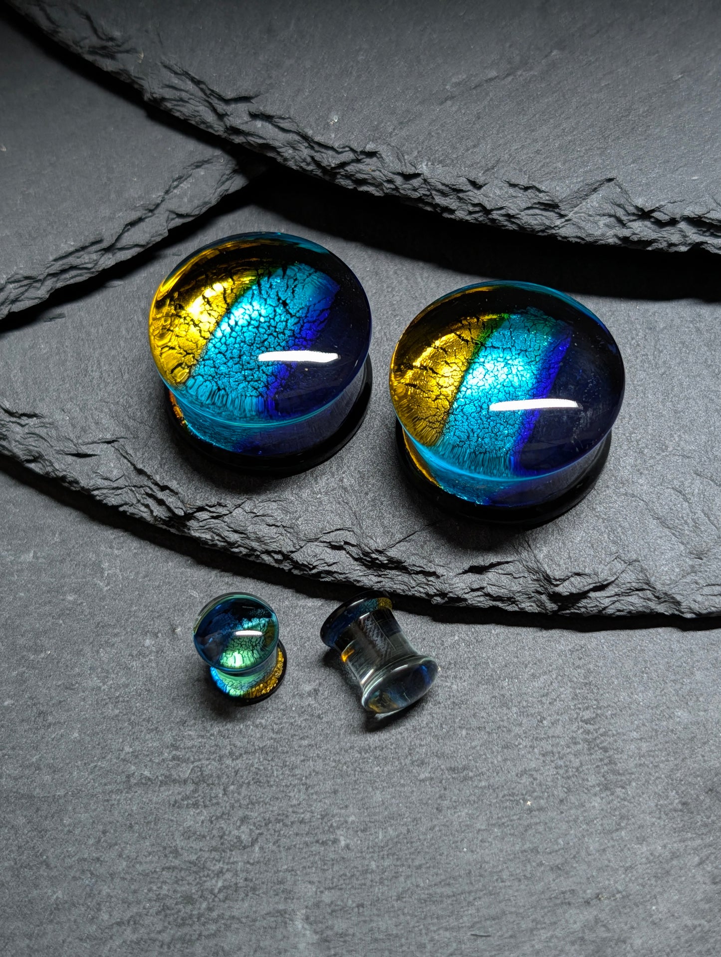 Classic Double Flare Blue and Gold Art Glass Plugs