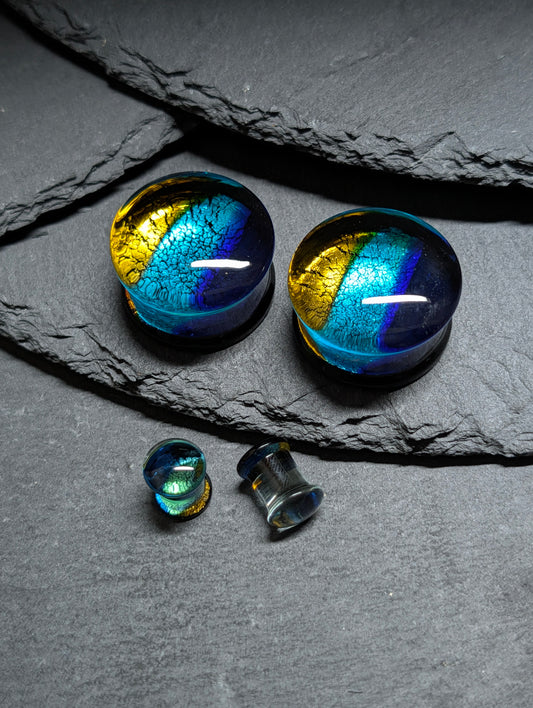 Classic Double Flare Blue and Gold Art Glass Plugs