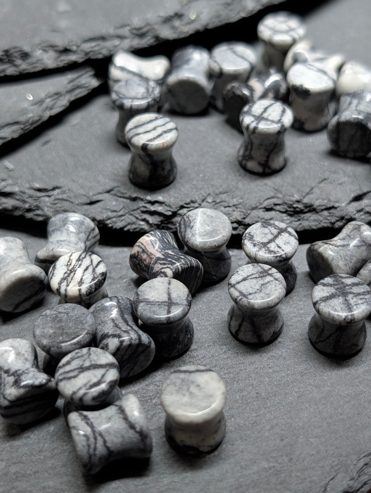 Classic Double Flare Black Net Jasper Stone Plugs
