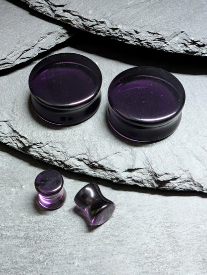 Classic Double Flare Dark Purple Black Glass Plugs