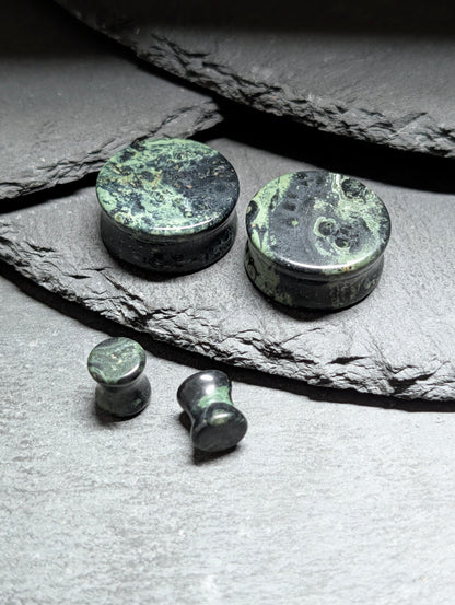 Classic Double Flare Green Eye Jasper Stone Plugs