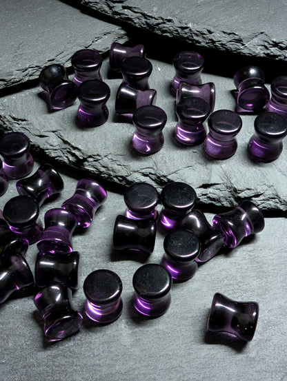 Classic Double Flare Dark Purple Black Glass Plugs