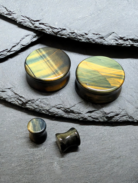 Classic Double Flare  Blue Tiger Eye Stone Plugs