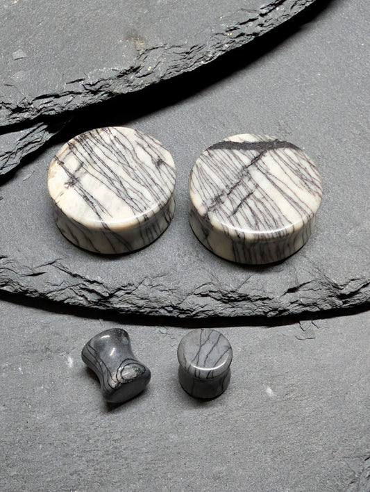 Classic Double Flare Black Net Jasper Stone Plugs