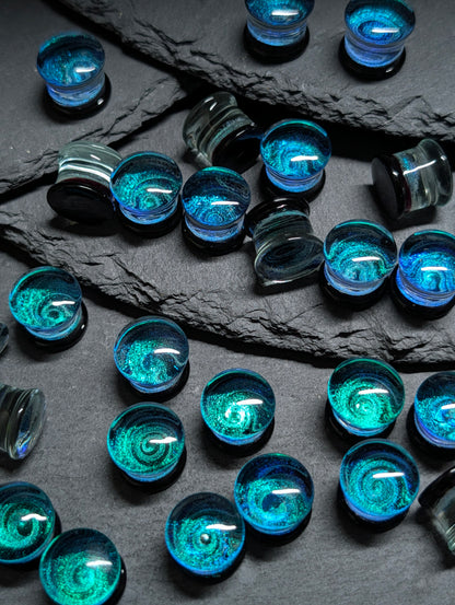 Classic Double Flare Blue Galaxy Swirl Art Glass Plugs