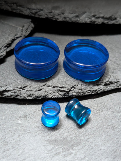 Classic Double Flare Ocean Blue Glass Plugs