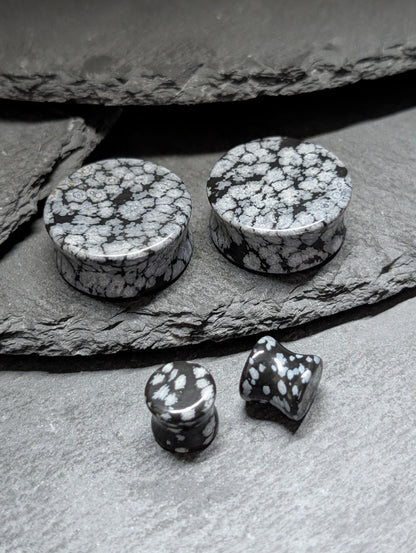 Classic Double Flare Snowflake Obsidian Stone Plugs