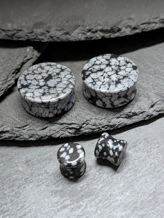 Classic Double Flare Snowflake Obsidian Stone Plugs