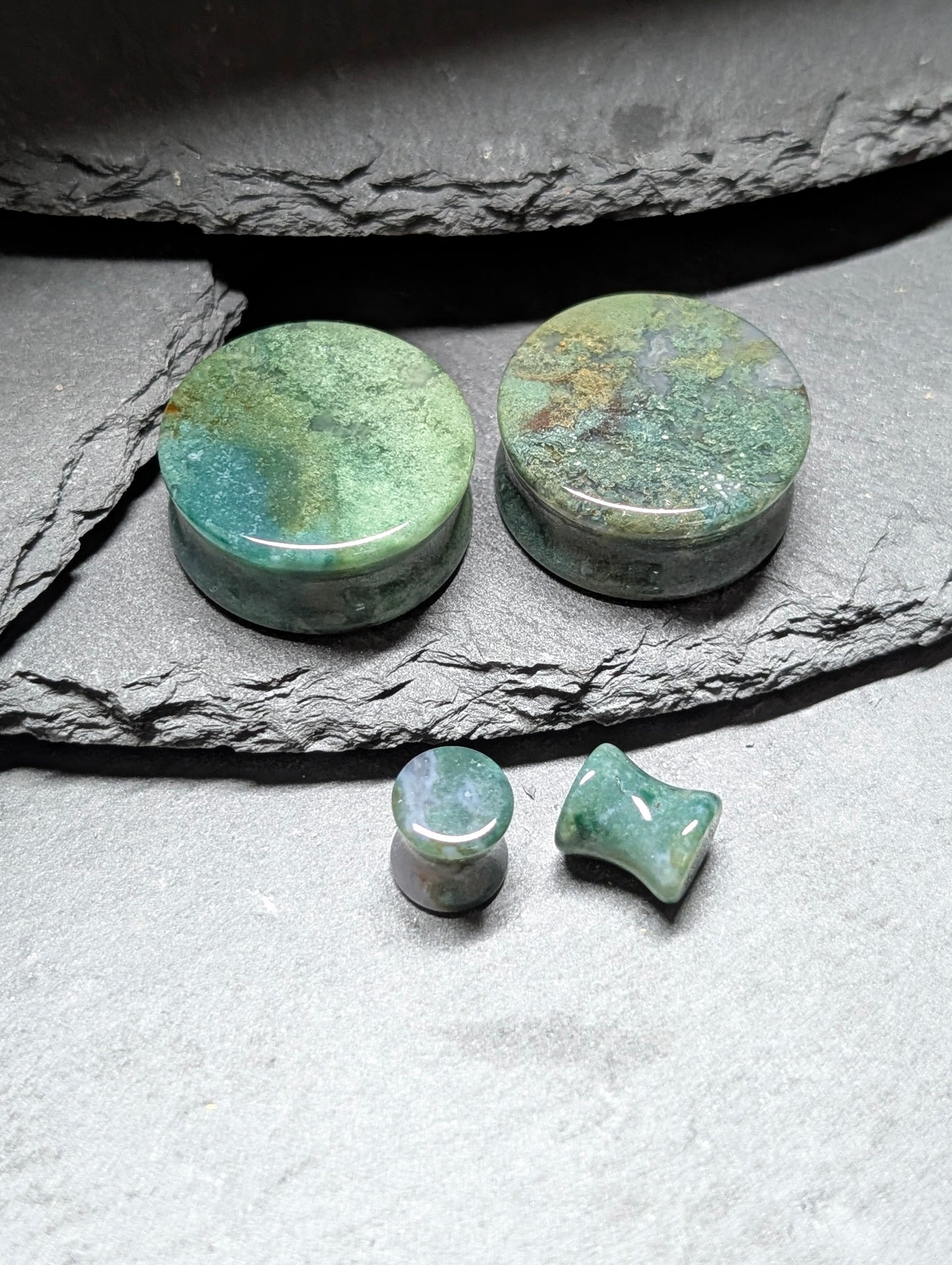 Classic Double Flare Green Moss Agate Stone Plugs
