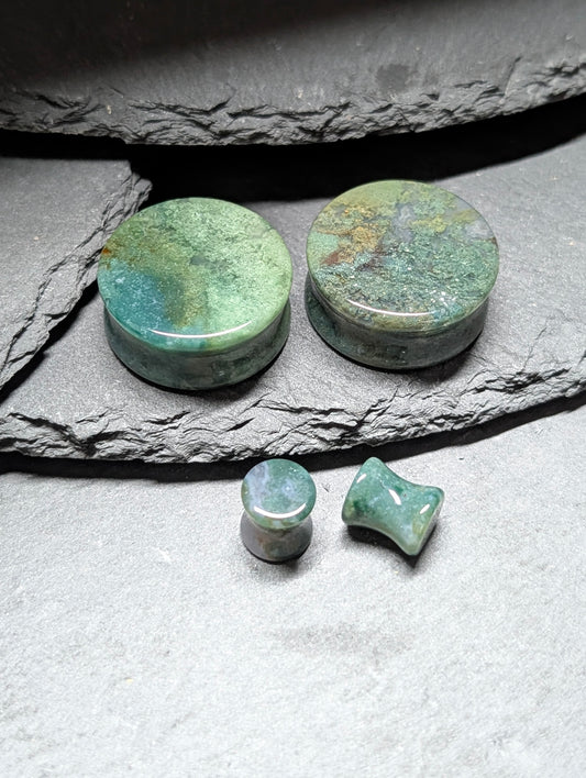 Classic Double Flare Green Moss Agate Stone Plugs