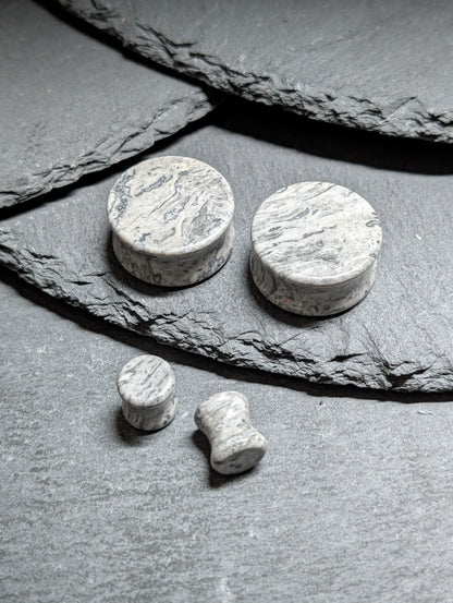 Classic Double Flare Gray Wave Jasper Stone Plugs