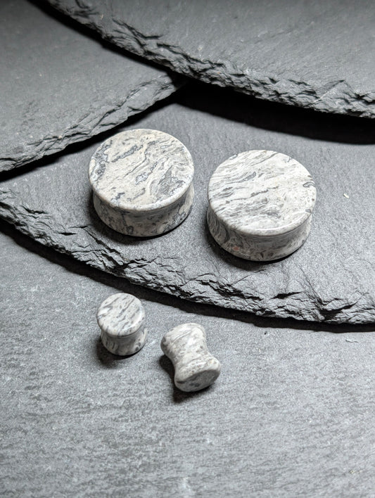 Classic Double Flare Gray Wave Jasper Stone Plugs