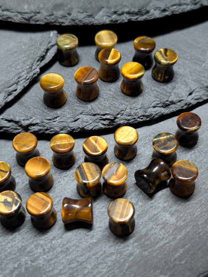 Classic Double Flare Yellow Gold Tiger Eye Stone Plugs